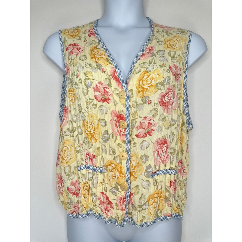 Vtg Jones New York Sport Button Front Vest Size M Yellow Floral Gingham Trim